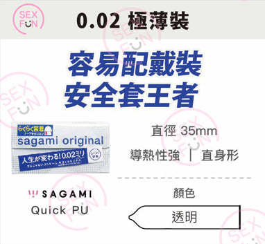 相模 Sagami Original 0.02mm Quick 超易穿戴裝安全套(Easy Wear)/ 36mm / 10片裝