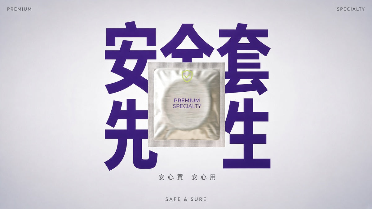 中間是一個銀箔安全套包裝及安全套先生的品牌名稱