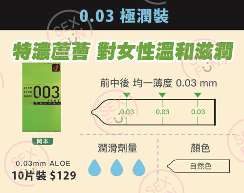岡本 Okamoto 0.03mm 蘆薈極薄安全套 / 32mm / 10片裝