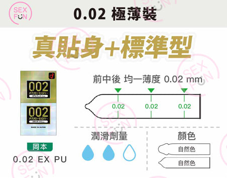 岡本 Okamoto 0.02mm 水系聚氨酯安全套 兩合一組合裝 / 33mm / 12片裝