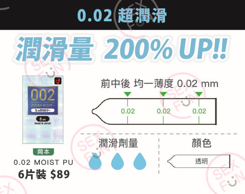 岡本 Okamoto 0.02mm 水性聚氨酯潤滑劑加量安全套 / 36mm / 6片裝