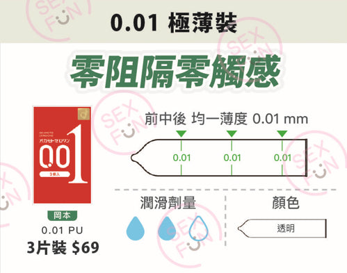 岡本 Okamoto 0.01mm Zero One 水系聚氨酯安全套 (L加大碼) / 38mm / 3片裝