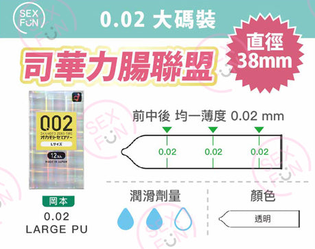 岡本 Okamoto 0.02mm 水性聚氨酯大碼水潤安全套 / 37-38mm / 6片裝
